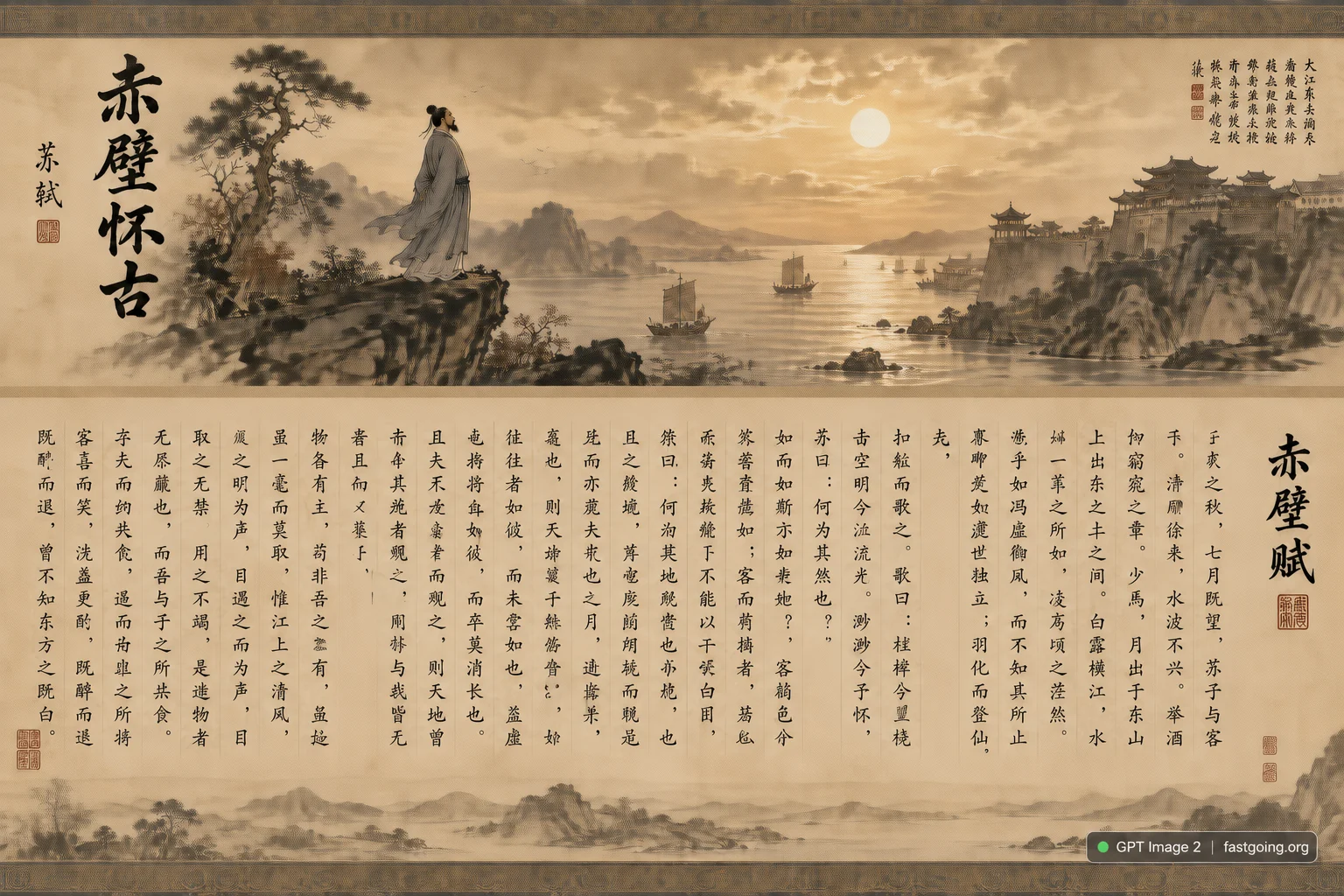 Fastgoing 实测结果以横向长卷串联赤壁山水、人物与书法排版，呈现完整的文学视觉化效果。