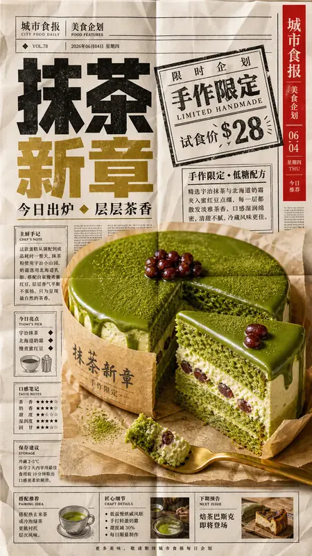 抹茶蛋糕折叠报纸广告 · 9:16 来源示例
